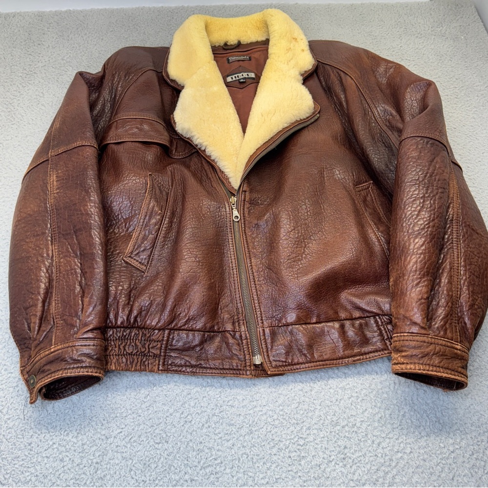 VTG A2 Leather Flight Jacket Men XL Tibor Brown Bomber Aviator 90s Fur Collar